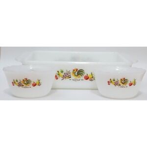 Vintage Fire King Chanticleer Rooster Square Baking Dish Dessert Custard Cups